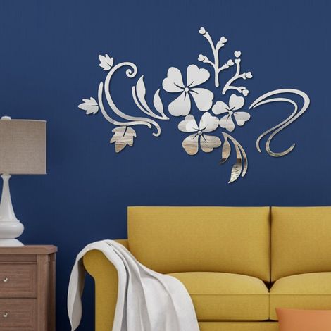 Miroir de salon, décoration murale amovible en plastique argenté avec motif floral (1/4)