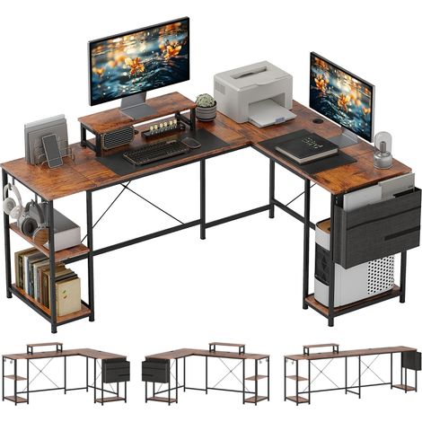 Bureau d'angle réversible, 168-240 cm, bureau d'ordinateur avec étagère réglable, support d'écran, brun rustique