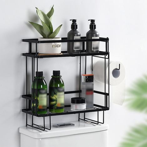 ZOLGINAH Almacenamiento sobre el inodoro, estante de almacenamiento para baño de 2 niveles, organizador multifuncional sobre el inodoro con ganchos, sin taladrar-negro (1/5)