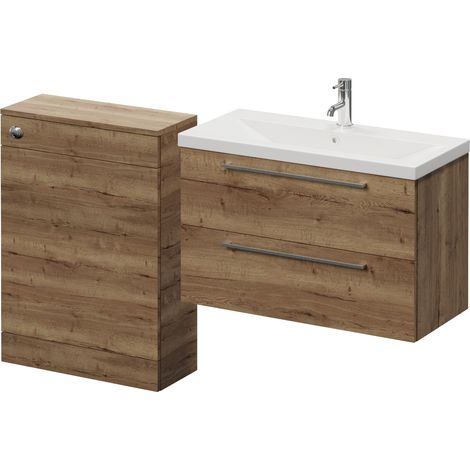 Napoli 390 Cento Tobacco Oak 1400mm Wall Mounted 2 Drawer Vanity Unit and Toilet Suite with Glide Basin - 1400mm - Chrome 480mm HandleWithout Kingston Toilet Pan