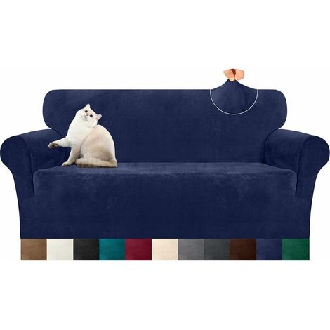 Velvet plush sofa cover 1 super stretch sofa cover, suitable for 3-seater sofa, ultra-soft living room furniture protective cover, with anti-slip strips, machine washable (3-seater, navy blue) (1/5)