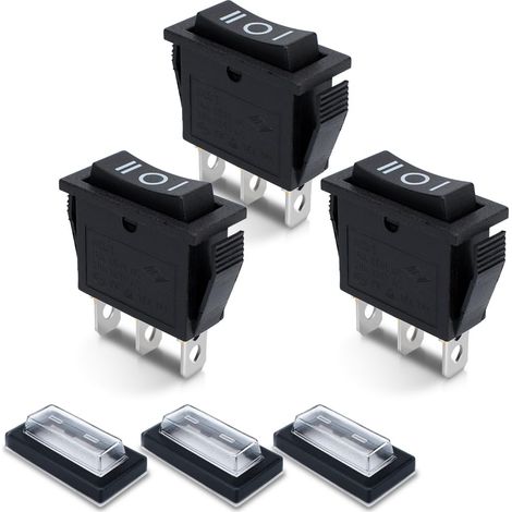 3 x Mini Rocker Switch Black KCD3-101 3 Pin Toggle Switch with 3 Waterproof Plugs On - Off - On (1/5)