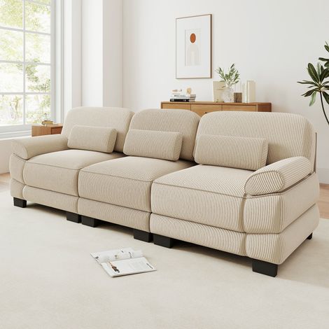 Divano modulare 3 posti - 265x88.5x94 cm - Divano componibile da soggiorno in morbido velluto a coste moderno - Beige (1/5)