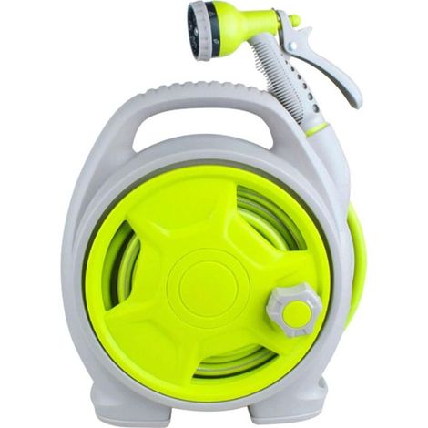 Dévidoir sur chariot portable pour tuyau d'arrosage – Kit d'arrosage de jardin (15 m / 50 pieds) – Chariot dévidoir d'extérieur avec tuyau et lance à 6 jets – Modèle sur roues (Vert) (1/5)