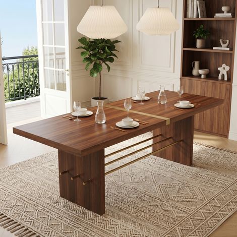 Table de salle à manger 180x75x75cm, design moderne, plateau 4 cm, résistante à l’eau et aux rayures, noyer et doré (1/5)