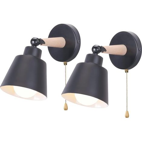 Lot de 2 Appliques Murales Rétro Vintage E27 Luminaire Plafonnier Industriel en Bois et Métal Réglable Lampe Murale Interieur avec Interrupteur Applique Moderne pour Chambre Entrée Salon (Noir) (1/5)