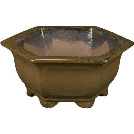 Vaso per bonsai esagonale in gres smaltato marrone 14x14x7 cm - A006