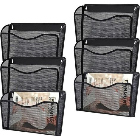 Lot de 6 organiseurs de dossiers suspendus en maille à une seule poche, porte-revues vertical, panier de fixation, porte-documents pour le bureau, la maison et l'école, noir (1/5)