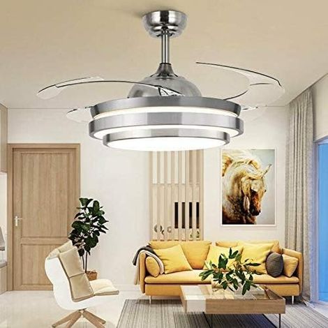 Ventilador de techo de 36" con iluminación LED y mando a distancia, 3 colores regulables, ventilador de techo con 4 aspas retráctiles, 36 vatios