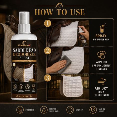 KineShineX Saddle Pad Odor Eliminator Spray quickly neutralizes sweat and stable odors, leaving a refreshing, quick-drying, and non-sticky finish. (1/4)