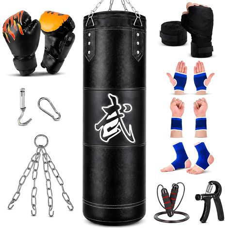 Sac de boxe lourd Ensemble pour Adultes, Adolescents, Enfants, 120 cm Oxford avec crochet plafond, chaînes, Gants, Entraîneur Main, Corde à Sauter –MMA, Karaté, Kickboxing, Boxe, Home-Gym (non rempli) (1/5)