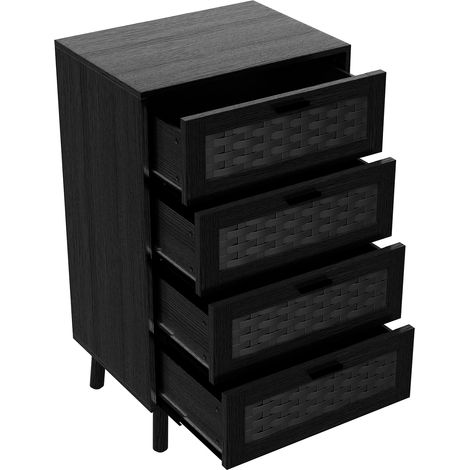 Commode 4 tiroirs en rotin - 40x35x74 cm – Panneaux de particules – pour chambre/bureau/salon - Meuble de rangement moderne - Dressing - Noir (1/5)