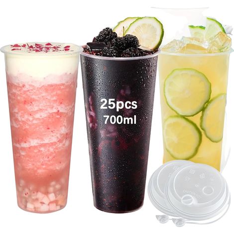 Vasos desechables, capacidad de 700 ml, diseño apilable, paquete de 25 unidades con tapa. (1/2)