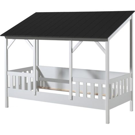 Lit Cabane Enfant en Bois "Housebed III" 90x200cm Blanc & Noir