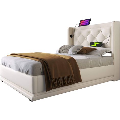 Lit coffre 90x200 cm en PU blanc avec tête de lit capitonnée, ports USB/Type-C et bande LED 3 côtés (1/5)