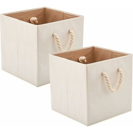 Boîte de rangement pliable en tissu coton bambou – Lot de 2 – Dimensions 33x33x33 cm – Poignées en corde pour transport facile – Beige (1/5)