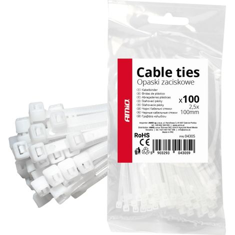 Bridas blancas para cables de 2,5 × 100 mm, 100 unidades, amio-04305 (1/5)