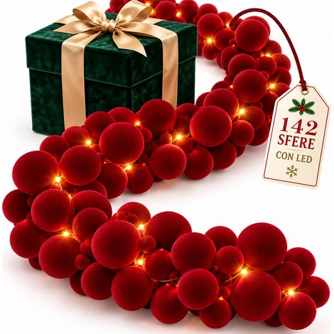 Ghirlanda Natalizia Festone 180cm 142 Sfere e Led Addobbo Natale Velluto Rosso (1/5)