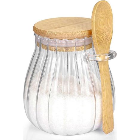 Sucrier avec couvercle en bambou et cuillère, bocal en verre 600 ml (1/5)