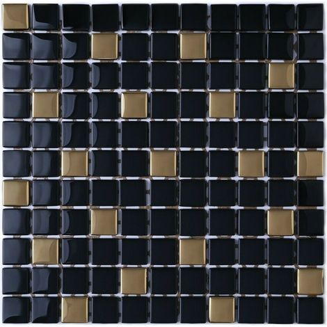 Ilcom mosaico in vetro su rete per bagno e cucina 30cm x 30cm - Nero gold (1/4)