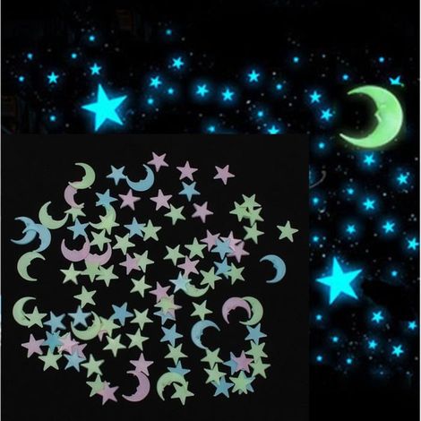 100PCS 3D Lumineux Etoile Lune Sticker Autocollant Mural Enfant Chambre Décor-Ywey