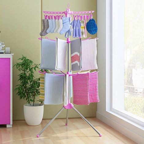 Parc pour bébé, étendoir à linge pliable à 3 niveaux et portant à vêtements suspendu, rose (1/5)