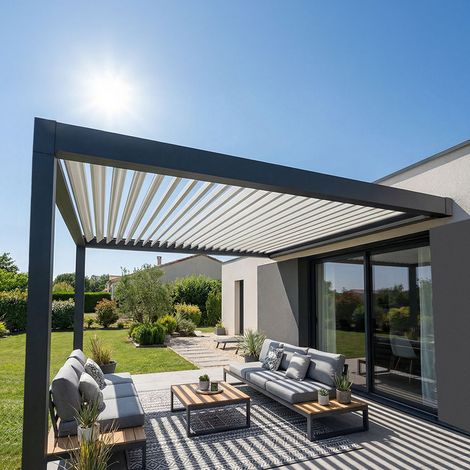 Pergola bioclimatique adossée LOLITE (Motorisation à télécommande + LED - Gris anthracite RAL 7016 (armature)  Blanc RAL 9010 (lames) - 4.00 x 4.088 m)