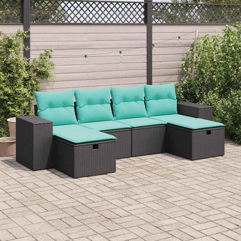 Salon de jardin 6 pièces en résine tressée noire avec rangement et coussins bleus, 52.4kg - PANGIVO (1/5)