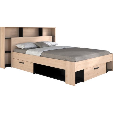 Letto 140 x 190/200 cm con testata e spazi portaoggetti Naturale e Nero  - KINSELIA