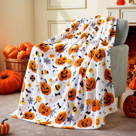 1 pièce (70x100cm) couverture d'Halloween en flanelle blanche - toile d'araignée chauve-souris citrouille, décoration de fête d'Halloween (1/5)