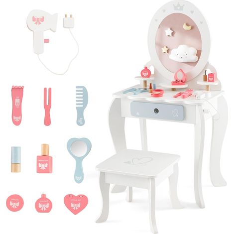 GOPLUS Coiffeuse Enfant Fille, Coiffeuse avec Miroir Ovale Amovible et Tabouret, Table de Maquillage 2 en 1 pour Enfant 3+ Ans, Coiffeuse en Bois avec Tiroir, 10 Accessoires, Blanc (Ovale) (1/5)
