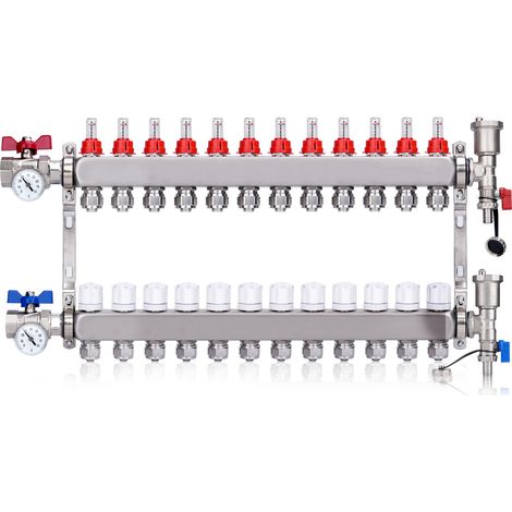 Kit Collecteur Radiateur, 12 Circuits Distributeur Chauffage, avec Thermomètreavec, avec Eurocône 3/4 (20 x 2 mm), Vannes à Boisseau Sphérique 1", avec Purgeur Manuel et Débitmètre, Distributeur HKV
