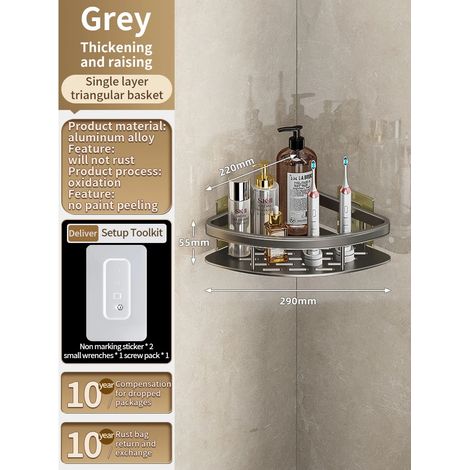 (Triangle gris) Installation sans perçage mural. Étagère de salle de bain en aluminium, porte-shampoing, organisateur de cuisine. (1/5)