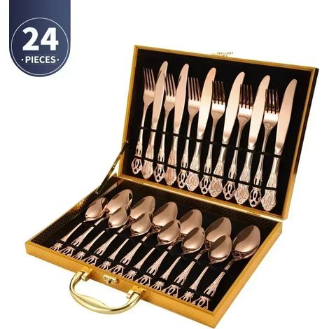 (Or rose, 24 pièces) Ménagère en acier inoxydable, cuillères et fourchettes de style royal européen, design vintage, compatible lave-vaisselle (1/2)