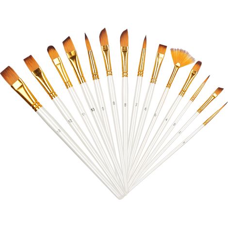 Ensemble de 13 pinceaux d'artiste en nylon, comprenant un manche blanc nacré et des outils pour aquarelle et acrylique. (1/5)