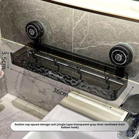 Étagère de rangement carrée transparente grise argentée, sans perçage, fixée au mur, pour coin lavabo/WC. (1/5)