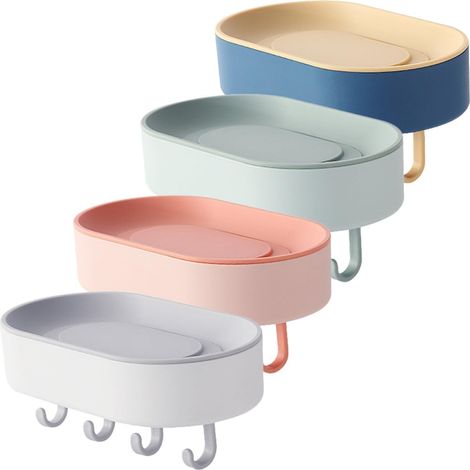 Lot 4 porte-savons adhésifs muraux avec crochets, en plastique avec système d'égouttage, pour salle de bain et douche (1/5)