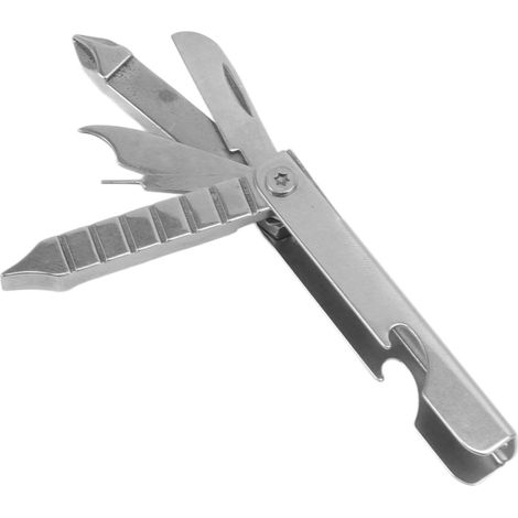 Dieses multifunktionale Fahrradwerkzeugset ist aus Edelstahl gefertigt und beinhaltet einen Schraubendreher, eine Nagelfeile, ein Minimesser, eine Handyhalterung und einen Schlüsselring. (1/5)