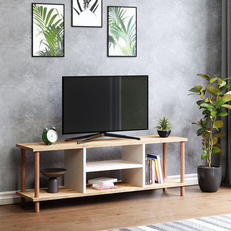 Mobile Basso Porta TV 'Ærøskøbing' con Scomparti Aperti e Gambe di Faggio - color Legno / Bianco [en.casa] (1/4)
