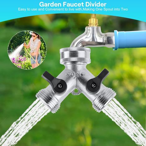Connettore per tubo da giardino a 2 vie con distributore a Y da 3/4", rubinetto doppio per lavatrice, connettore per tubo da giardino in ottone, con valvole di intercettazione individuali (1/4)