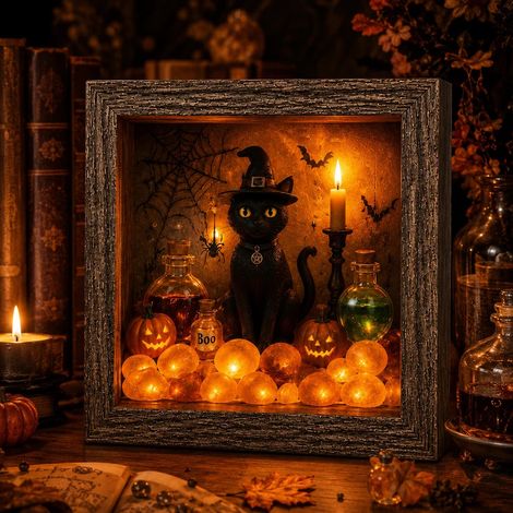 Halloween Shadow Box Kit, Lampe Halloween Chat Noir de Sorcière LED Format A4, Décoration Créative, Secteur