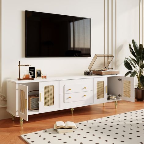 Meuble tv 160 cm style rétro avec portes en rotin, poignées dorées et pieds en métal (1/5)