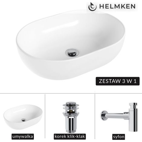 Lavabo à poser Helmken 83648000 (48 x 34) Blanc + Siphon chromé + Bouchon clic-clac chromé (1/5)