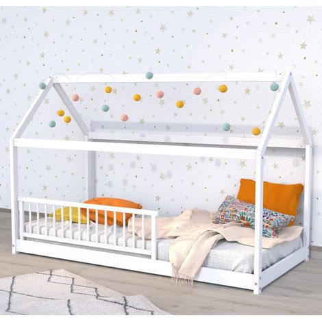 Hüttenbett PANDA 90x190 + 1 Lattenrost + Gitter /Weiß/ 195x97x134