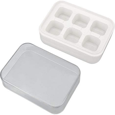 Bac à glaçons avec couvercle, 6 cubes, mini bac à glaçons en silicone pour congélateur, cocktails, whisky et autres boissons. Démoulage facile, empilable, blanc. (1/5)