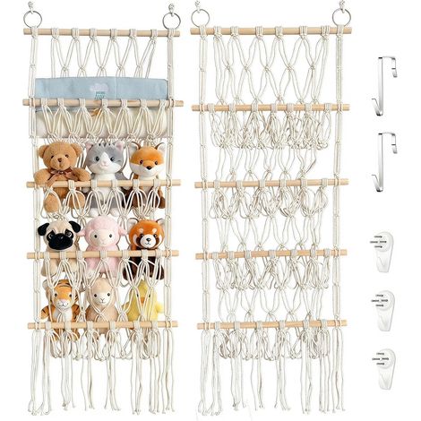 4-stöckiges Aufbewahrungsnetz für Plüschtiere – Baumwolle und Buchenholz – Wandbehang im Boho-Stil – Für Kinderzimmer und Wohnzimmer – 104 x 42 cm (1/5)