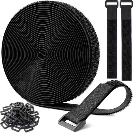 10m x 2.5cm Adjustable Cable Straps with 50 Loops, Black Reusable Cable Ties, Hook and Loop Fastening Strap for Cable Management, Black