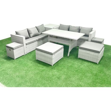 Fimous Polyrattan Gartenmöbel-Set Outdoor 10 Sitzer mit Glasplatte Esstisch und Beistelltisch Hellgrau gemischt (1/5)