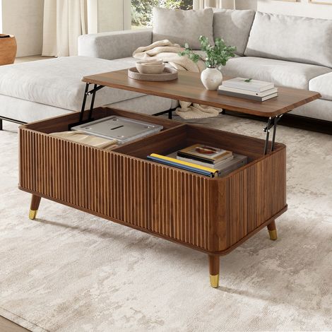 Comanlai - Table basse relevable - Table salon multifonction - Motif ondulé aspect noyer pieds bois - Noyer (1/5)