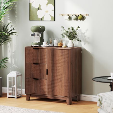 Buffet salon meuble de rangement avec placard à porte 3 tiroirs et étagère réglable 75 x 39 x 80 cm, effet bois marron